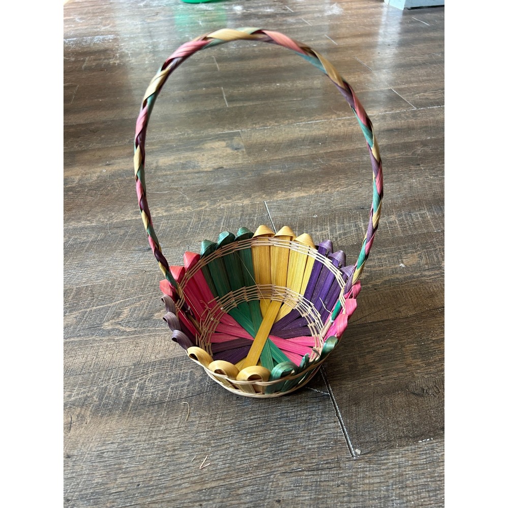 Vintage Handwoven Rainbow Woven Basket Braided Handle Boho Folk‎ Art Decor